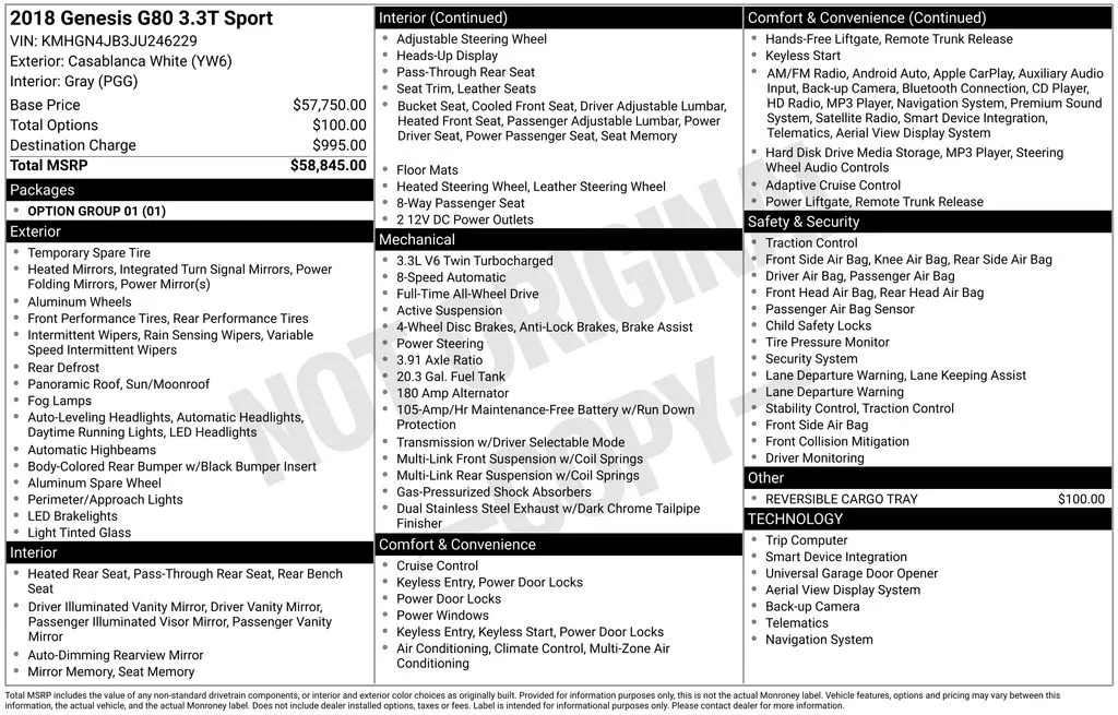 2018 Genesis G80 3.3T Sport for sale in Berlin, NJ