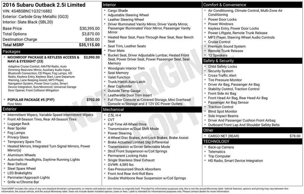 2016 Subaru Outback 2.5i for sale in Berlin, NJ