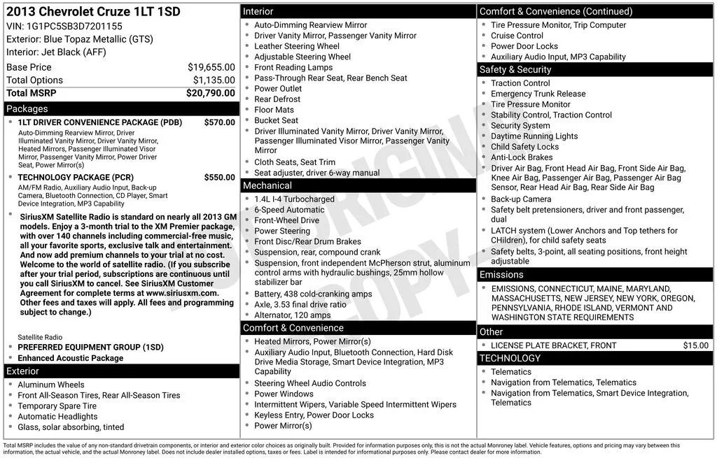 2013 Chevrolet Cruze 1LT for sale in Berlin, NJ