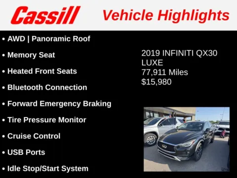 Another view of 2019 INFINITI QX30 LUXE for sale in Cedar Rapids, IA at Cassill Motors