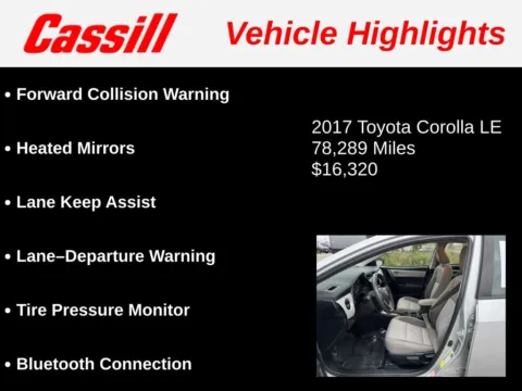 Another view of 2017 Toyota Corolla LE for sale in Cedar Rapids, IA at Cassill Motors