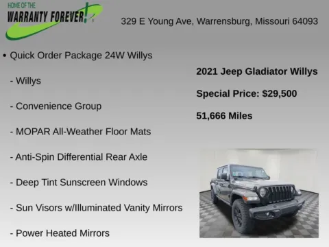 More photos of 2021 Jeep Gladiator Willys at Warrensburg Chrysler Dodge Jeep Ram Fiat, MO