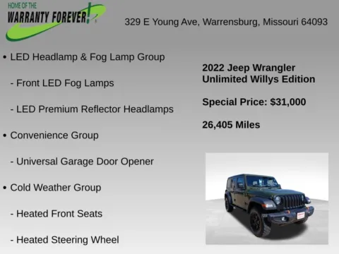 More photos of 2022 Jeep Wrangler Unlimited Willys at Warrensburg Chrysler Dodge Jeep Ram Fiat, MO