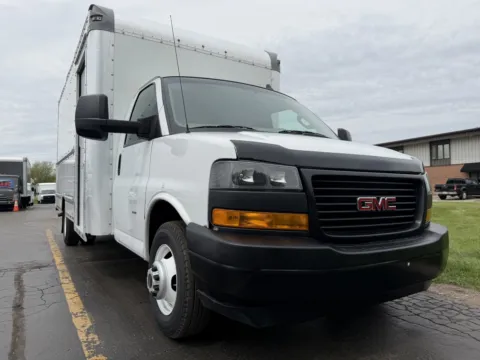 Another view of 2022 GMC 3500 16ft Box Truck with Shelves and Side Door for sale in Crystal Lake, IL at Signature Truck Center