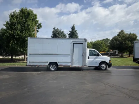 White 2022 GMC Savana 3500 16 FT Box Truck with Shelving and Side Door for sale in Crystal Lake, IL