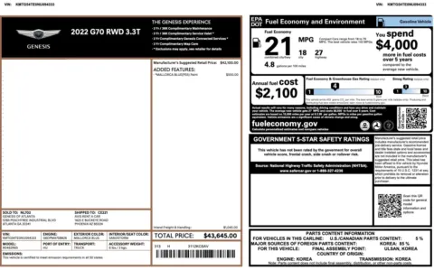 Photos of 2022 Genesis G70 3.3T for sale in Jacksonville, FL at Auto Boutique Florida