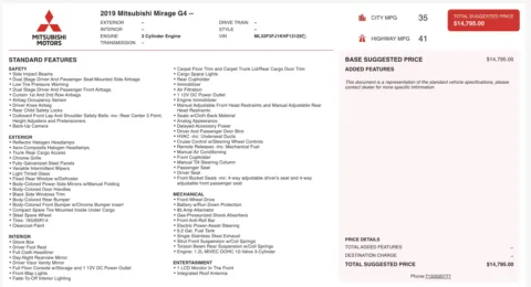 Photos of 2019 Mitsubishi Mirage G4 ES for sale in Jacksonville, FL at Auto Boutique Florida