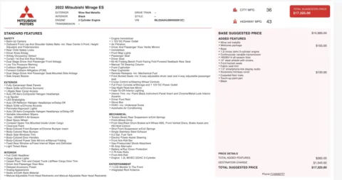 Photos of 2022 Mitsubishi Mirage ES for sale in Jacksonville, FL at Auto Boutique Florida