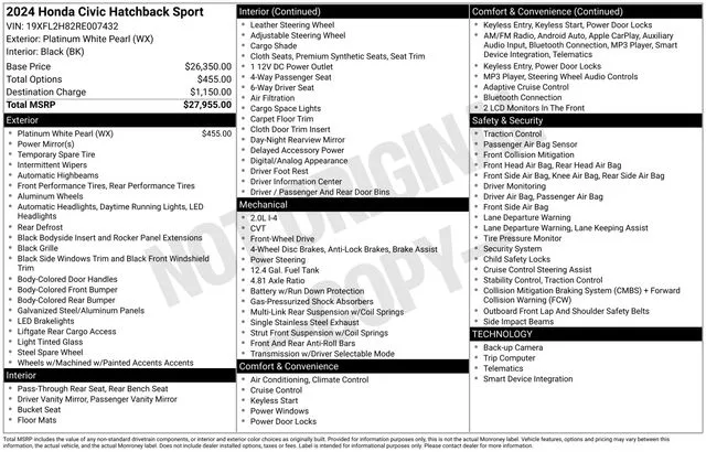 White 2024 Honda Civic Sport for sale in Tulsa, OK