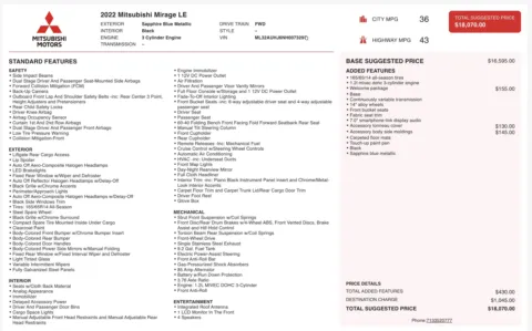 Photos of 2022 Mitsubishi Mirage LE for sale in Alvin, TX at Auto Boutique Texas