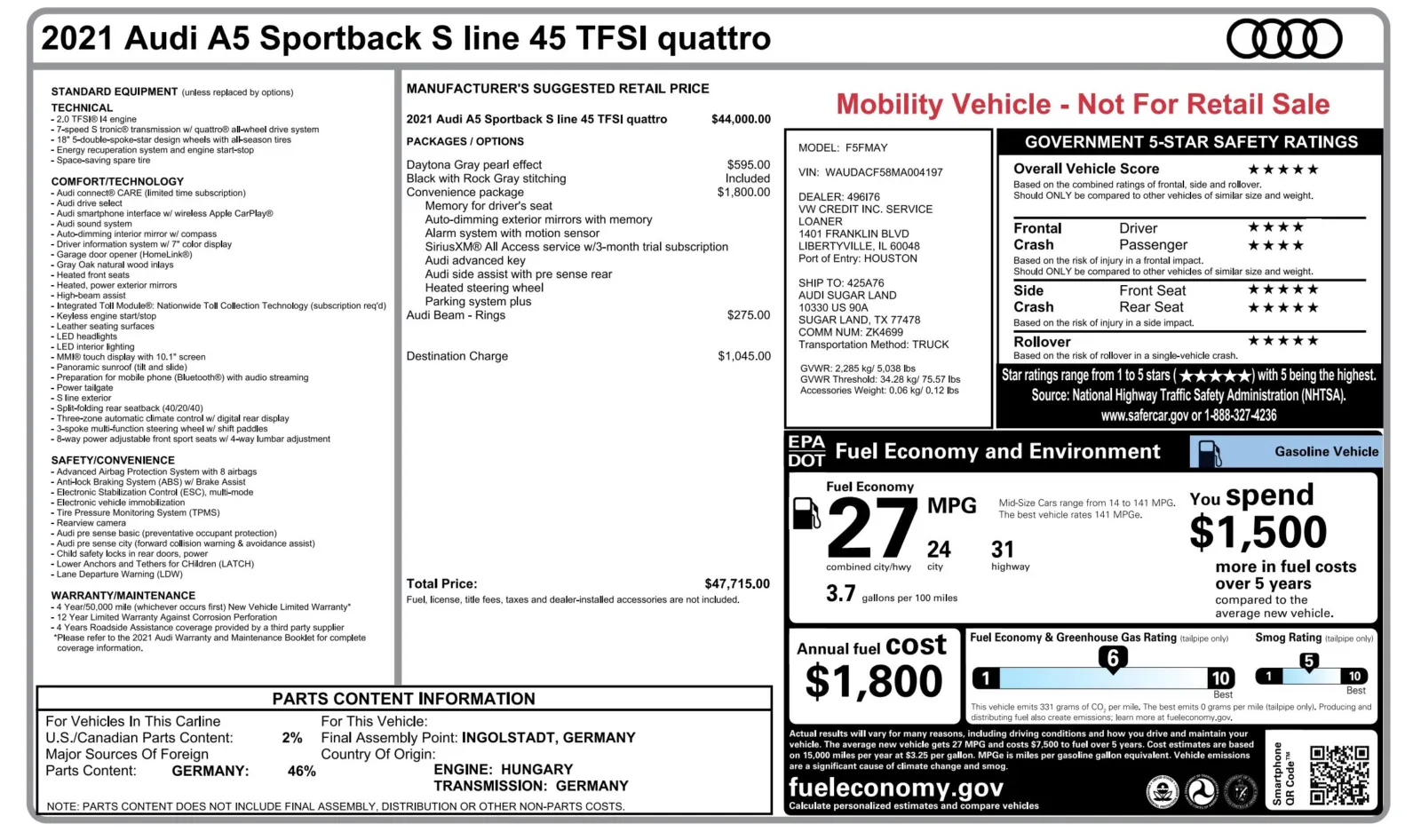 2021 Audi A5 Sportback S line Premium for sale in Alvin, TX