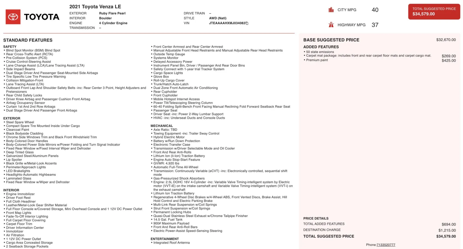 2021 Toyota Venza LE for sale in Alvin, TX