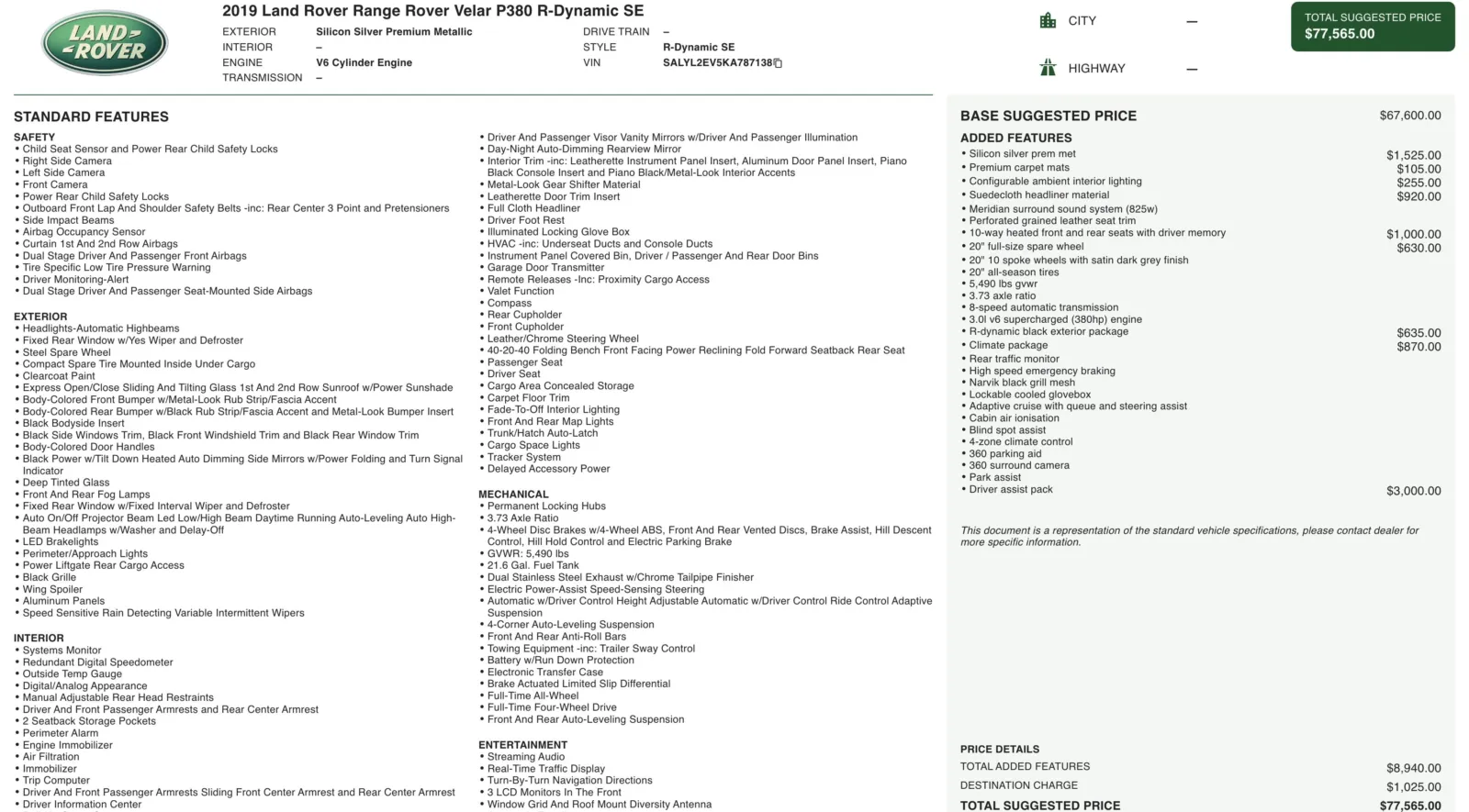 2019 Land Rover Range Rover Velar R-Dynamic SE for sale in Alvin, TX