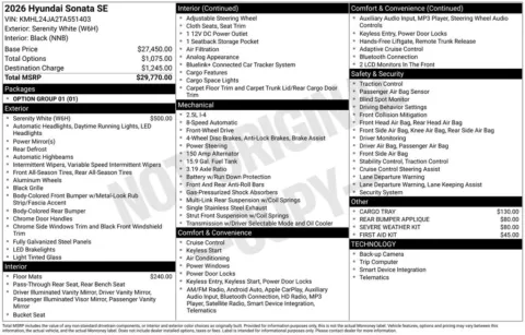 Another view of 2026 Hyundai Sonata SE for sale in Athens, OH at Don Wood Hyundai