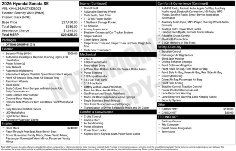 Another view of 2026 Hyundai Sonata SE for sale in Athens, OH at Don Wood Hyundai