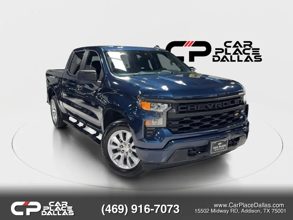 Blue 2022 Chevrolet Silverado 1500 Crew Cab Custom Pickup 4D 5 3/4 ft for sale in Addison, TX