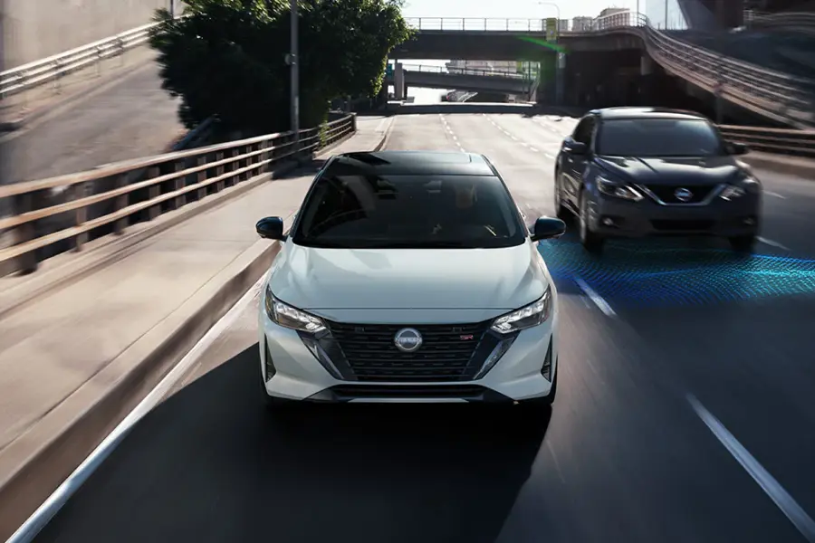 2025 Nissan Sentra front view with Safety Shield 360 active on a city street