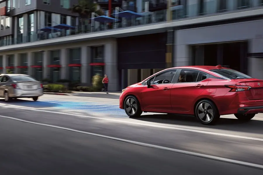 2025 Nissan Versa Safety Shield 360 sensors active while driving downtown